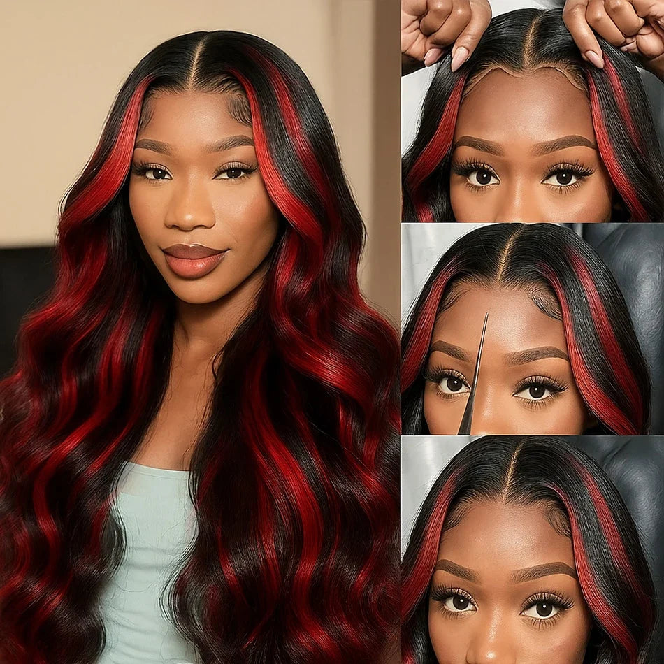 1B/99j Burgundy Highlight Lace Front Wig 30 Inch 5x5 Glueless Body Wave Wear And Go Wigs Brazilain Red Colored Human Hair Wigs