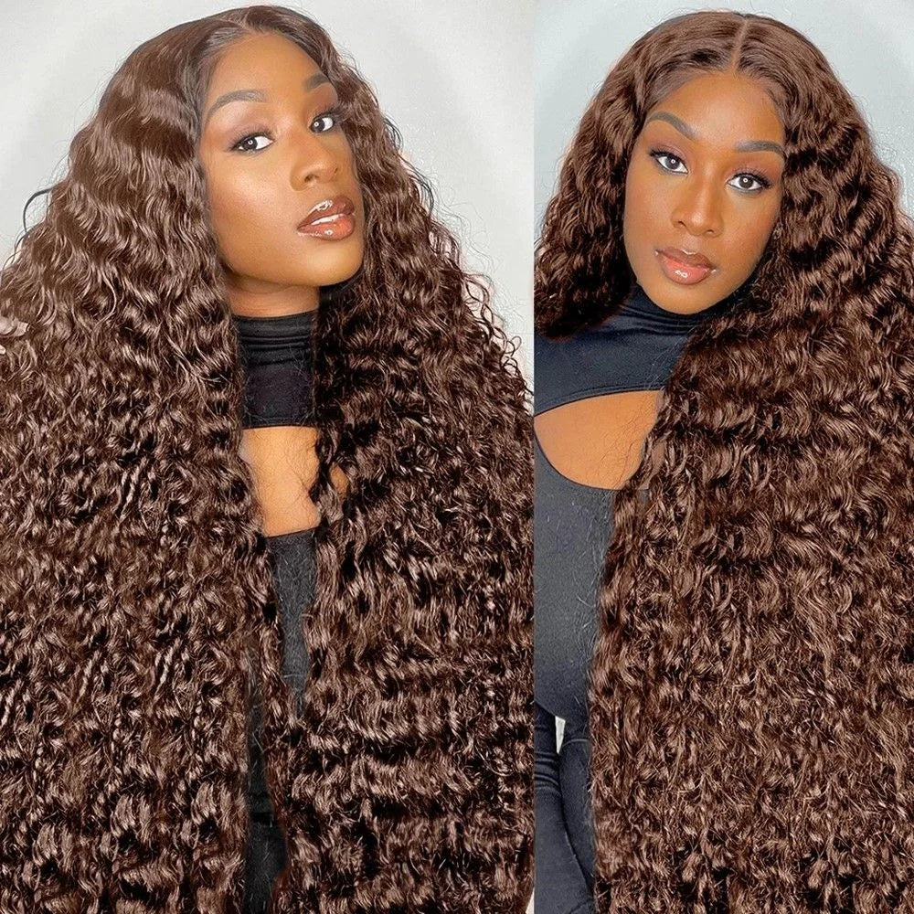 13x4 Chocolate Brown Water Curly Lace Front Wig #4 Colored Human Hair Wigs Pre Plucked Deep Wave 13x6 HD Lace Frontal Wigs 200%
