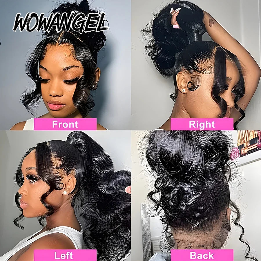 WOWANGEL Hidden Strap 360 Full Lace Frontal Wig Glueless Pre Everything Body Wave Lace Front Human Hair Wigs Invisi Drawstring