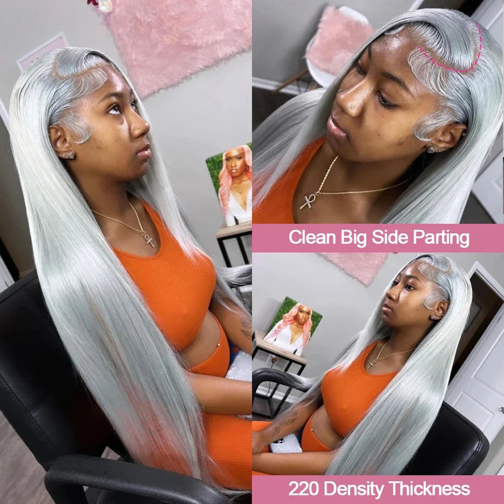 Silver Grey Straight Wigs Human Hair Vietnamese 220% Density 13x6 HD Lace Frontal Colored Wig 38 Pre Plucked With Baby Hairline