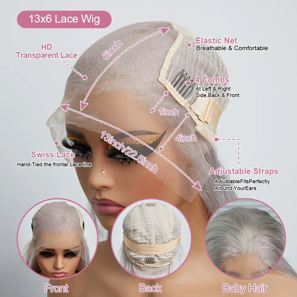Silver Grey Straight Wigs Human Hair Vietnamese 220% Density 13x6 HD Lace Frontal Colored Wig 38 Pre Plucked With Baby Hairline