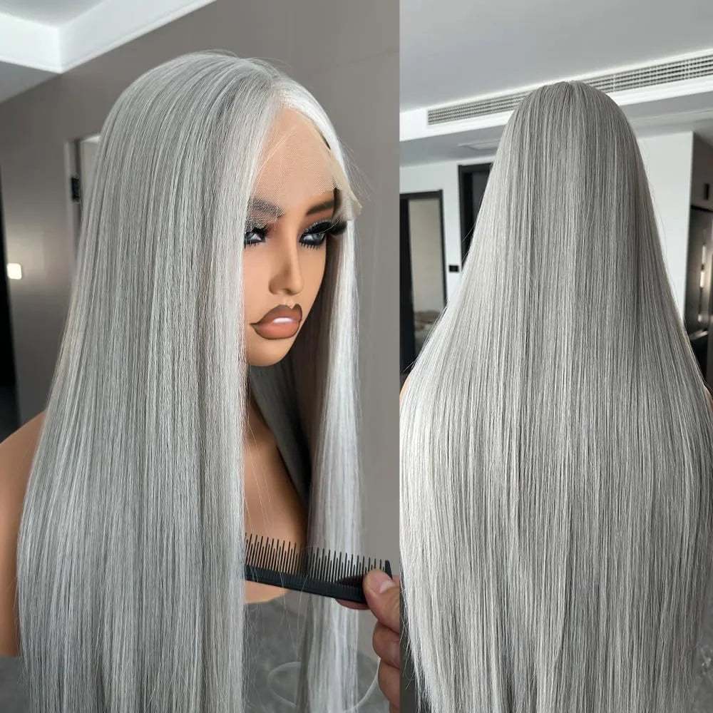 Silver Grey Straight Wigs Human Hair Vietnamese 220% Density 13x6 HD Lace Frontal Colored Wig 38 Pre Plucked With Baby Hairline