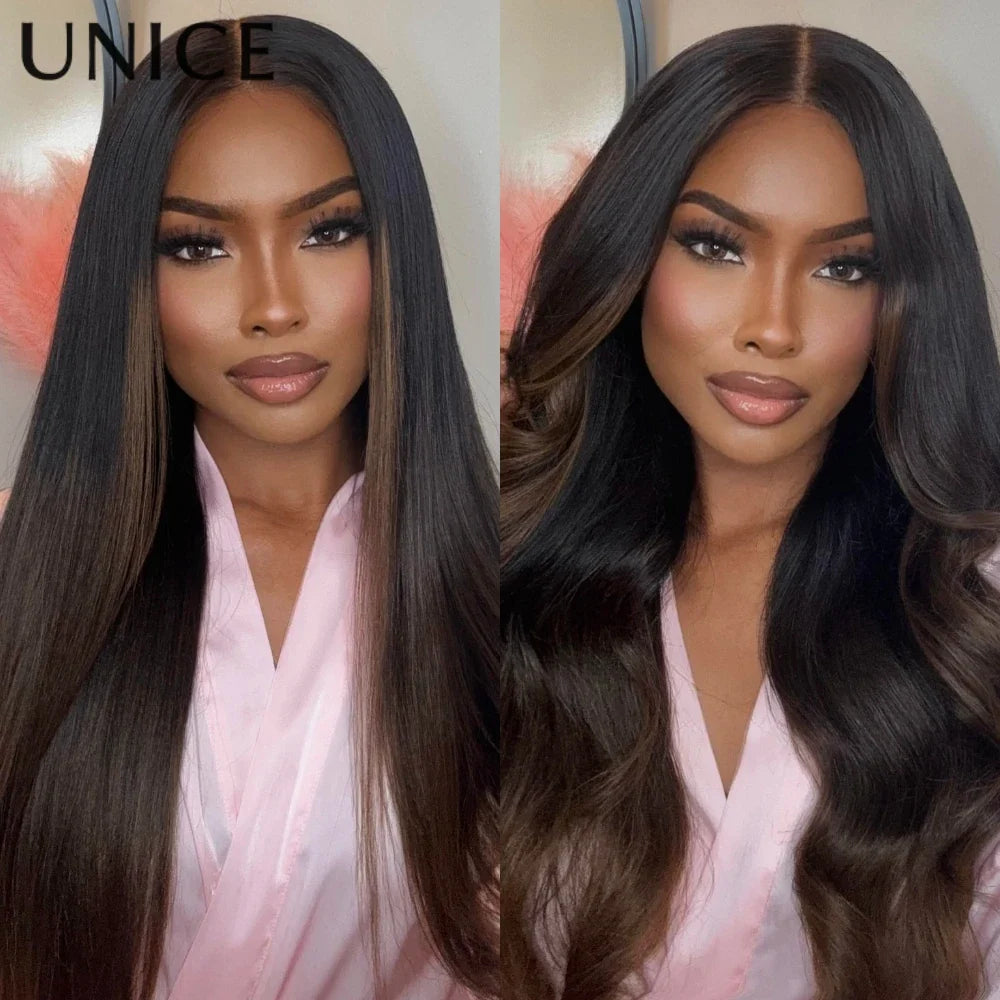 UNice 7x5 Bye Bye Slip Black to Chestnut Brown Ombre Yaki Straight Human Hair Wigs With Invisi Drawstring