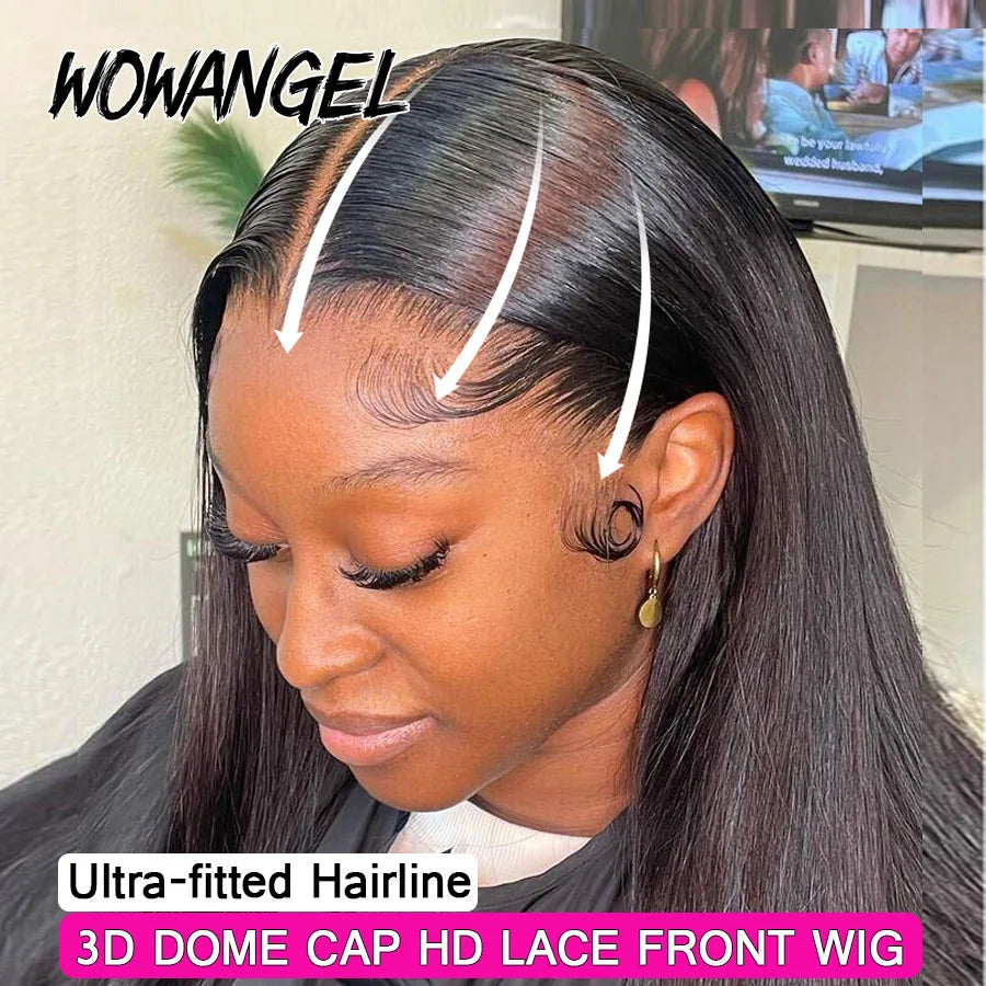 WOWANGEL Jet Black 13X6 HD Lace Frontal Wig Invisible HD Lace Melt Skin Silk Straight  Lace Front Wig Human Hair Wig Deep Part