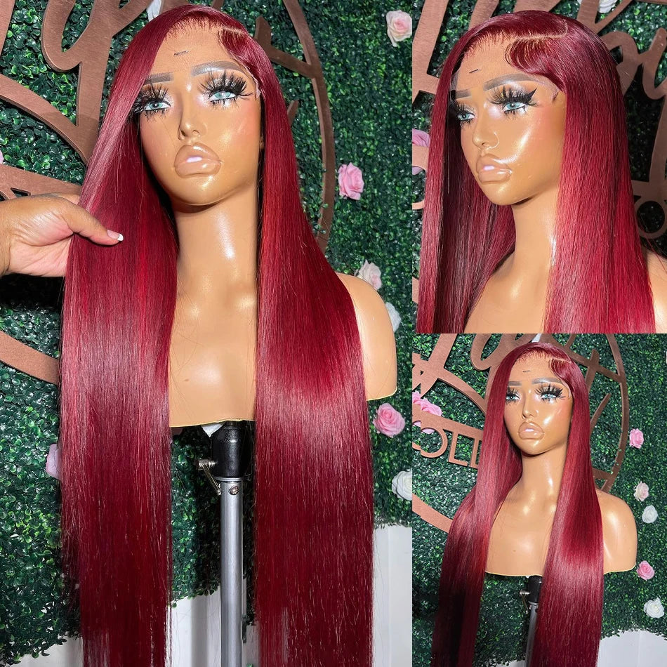99J Burgundy Lace Front Wig 13x6 Brazilian Human Hair 13x4 Straight Red Colored Lace Frontal Human Hair Wigs Woman Pre Plucked