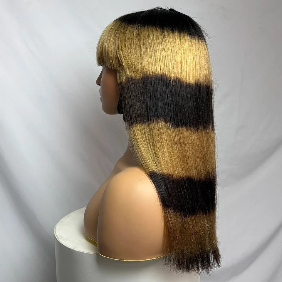 Leopard print Bone Straight Wig With Bangs Dark and Blond Human Hair Wigs For Women Full Machine Made Fringe Glueless Wig