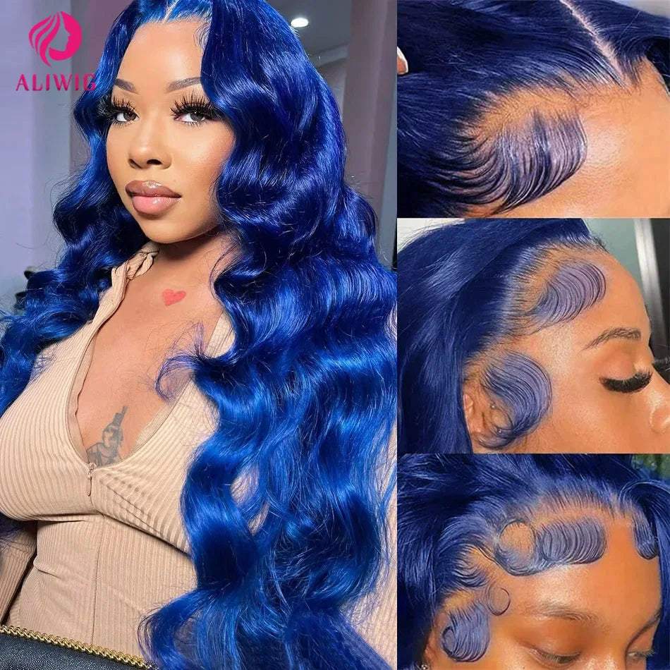 Sapphire Blue Lace Front Wig Body Wave Human Hair Wigs Dark Blue Color Transparent Pre Plucked Lace Frontal Wigs For Black Women