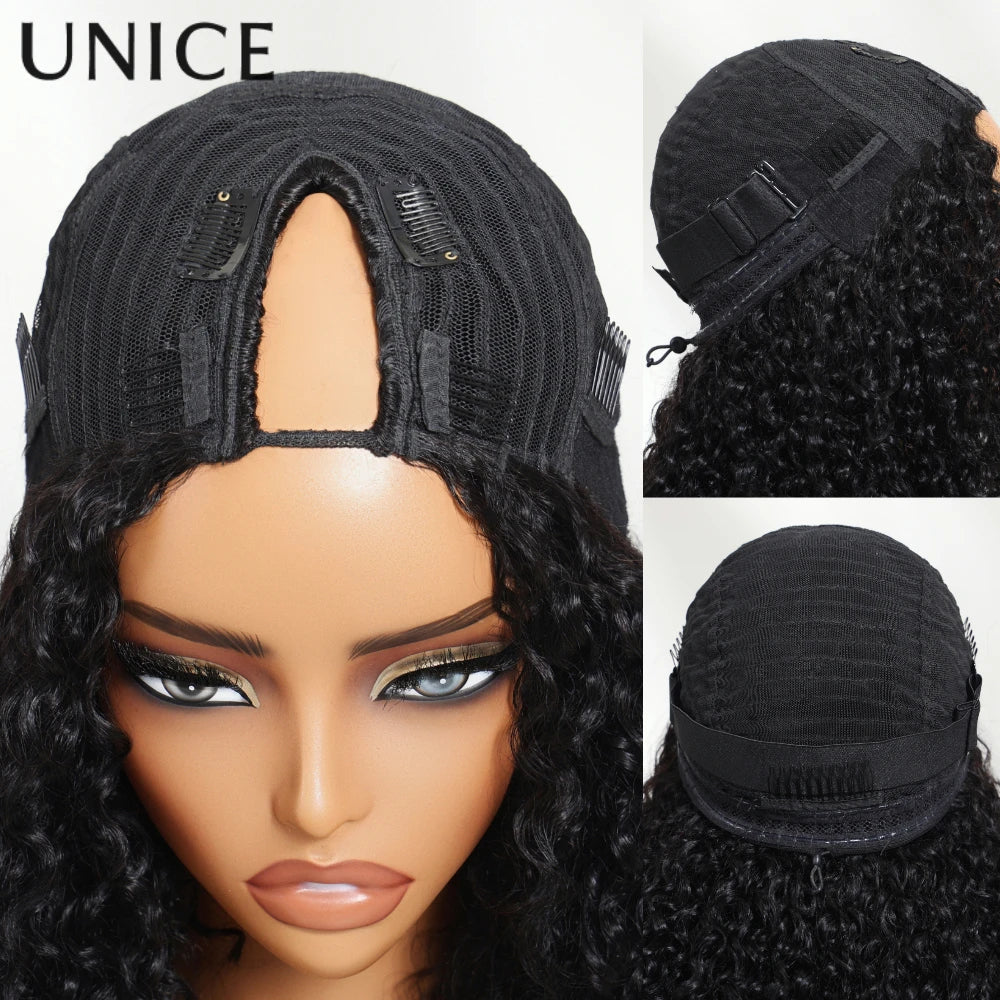 UNice Burmese Curly V Part Wig With Drawstring Clip-In Human Hair Wigs 180% Density No Glue Minimal Leave-out