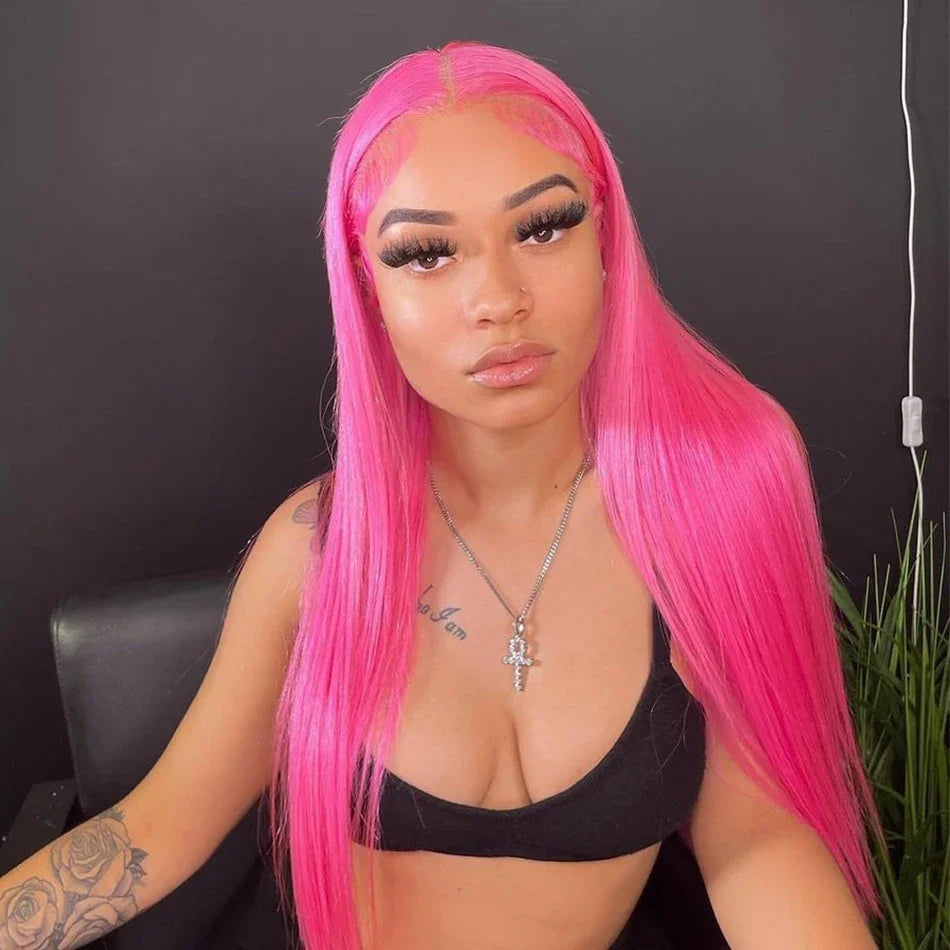 Pink Straight Lace Front Wig Human Hair 13x4 HD Lace Frontal Human Hair Wig Glueless Transparent Brazilian Pink Hair Colored Wig