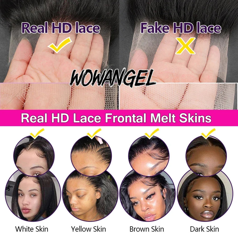 WowAngel 28in 360 HD Lace Front Wigs Straight Full Lace Human Hair Wigs Skins Melted Natural Scalp Remy Brazilian Hair For Women
