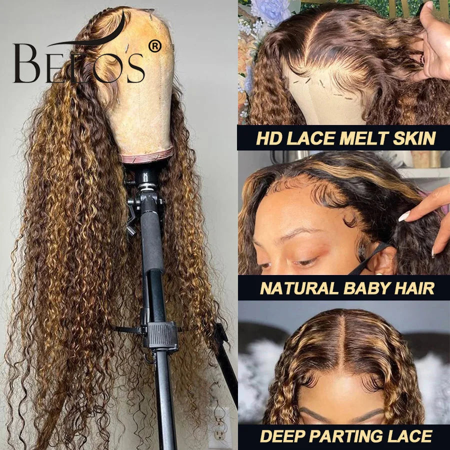 BEEOS 250% Highlight Wig Human Hair Curly 13x6 HD Lace Frontal Wig Water Wave Pre Plucked 5x5 HD Closure Wigs For Women Skinlike