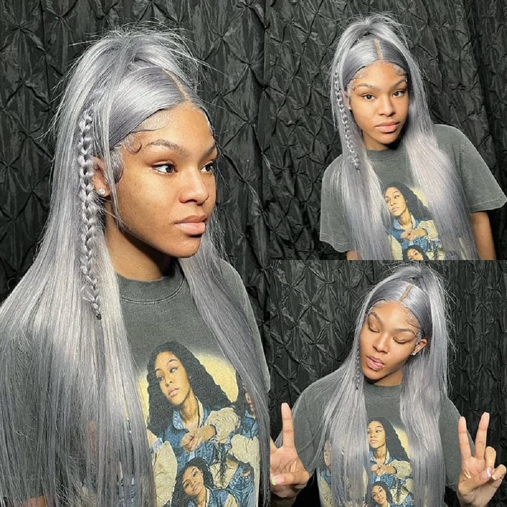 Silver Grey Straight Wigs Human Hair Vietnamese 220% Density 13x6 HD Lace Frontal Colored Wig 38 Pre Plucked With Baby Hairline