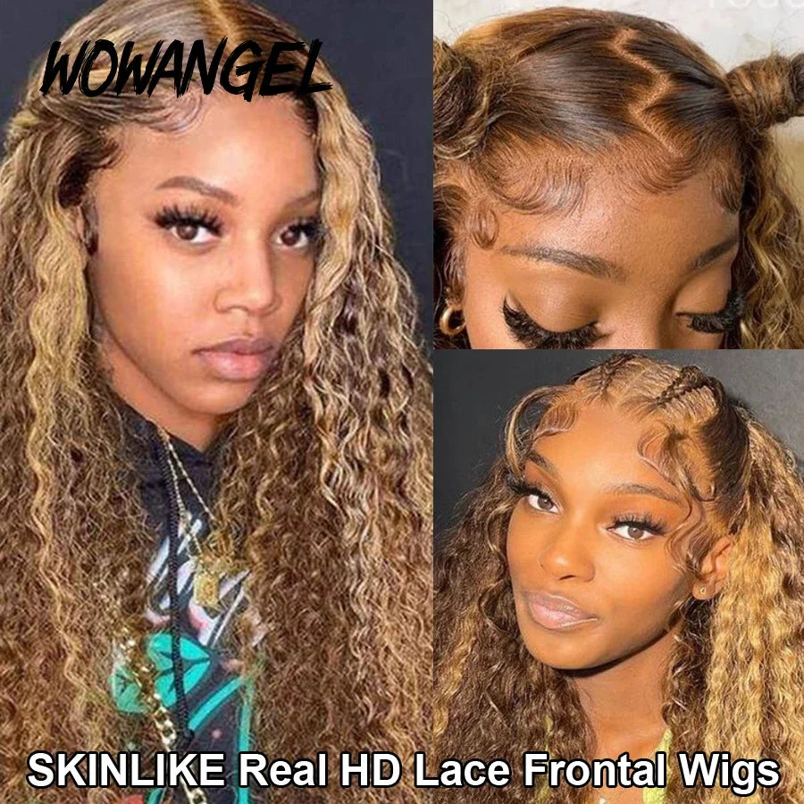 WOWANGEL 13X6 HD Lace Front Wigs Highlight Curly Wigs Bye Bye Knots 13x4 Lace Frontal Human Hair Wigs Water Wave Wigs For Woman