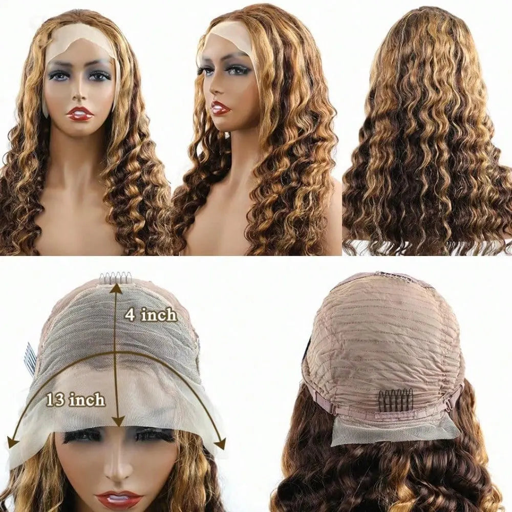 34 Inch 250 Density 13x4 Lace Front Brazilian Human Hair Wig Deep Wave Curly Highlight 4/27 Blonde Brown Natural Look For Women