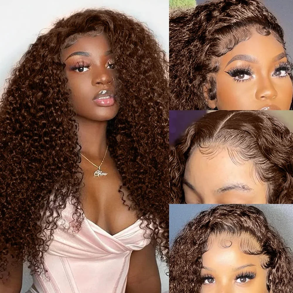 13x4 Chocolate Brown Water Curly Lace Front Wig #4 Colored Human Hair Wigs Pre Plucked Deep Wave 13x6 HD Lace Frontal Wigs 200%