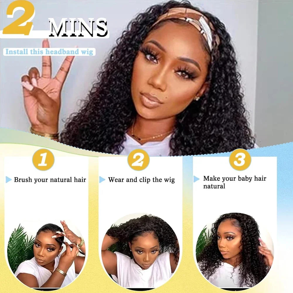 Glueless Deep Wave Headband Wig Human Hair Natural Black Curly Headband Wigs for Black Women 180% Density Brazilian Virgin Hair