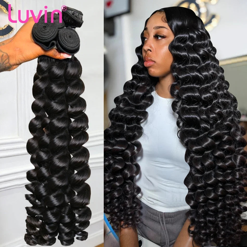 Luvin Loose Deep Wave Raw Human Hair Bundles 34 Inch 1/3/5 Brazilian Double Weft Virgin Curly Bundles Deep Wave Extensions