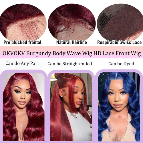 250 Density Burgundy 13x4 HD Lace Frontal Body Wave Wig for Women 99J Colored for Daily Party Use