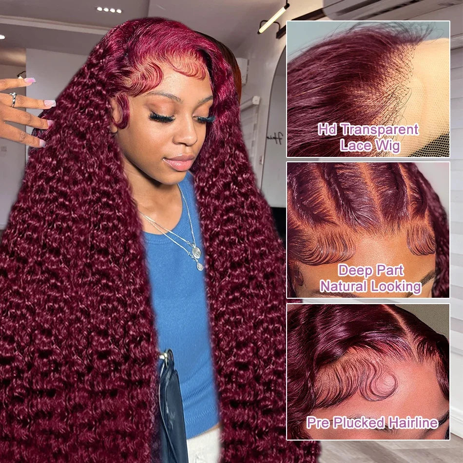 Links 40 Inch 99J Burgundy Deep Wave 13x6 HD Lace Front Wig 250% Red Colored Curly 13x4 Lace Frontal Human Hair Wigs For Women