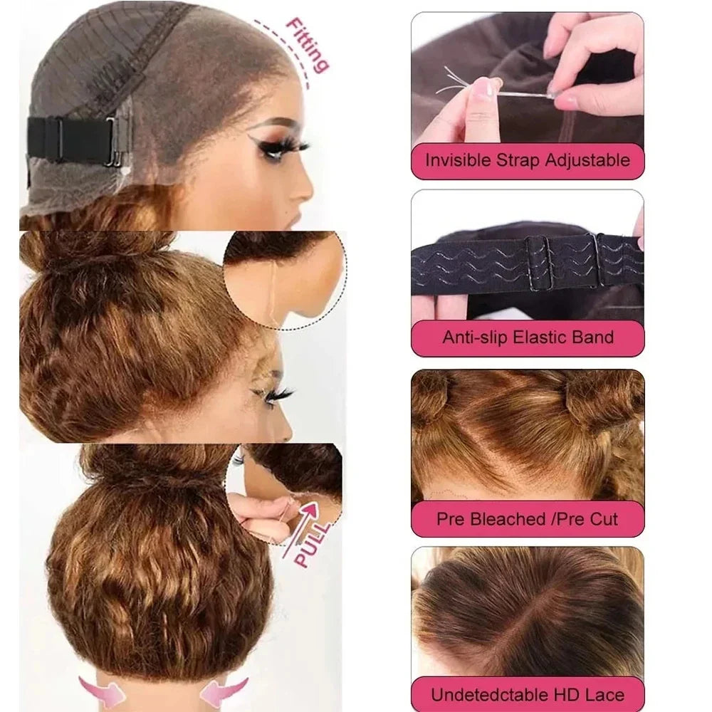 Highlight Invisible Strap HD 360 Full Lace Wig Drawstring Human Hair Wigs P4/27 360 Lace Front Wig Deep Curly Glueless Wig