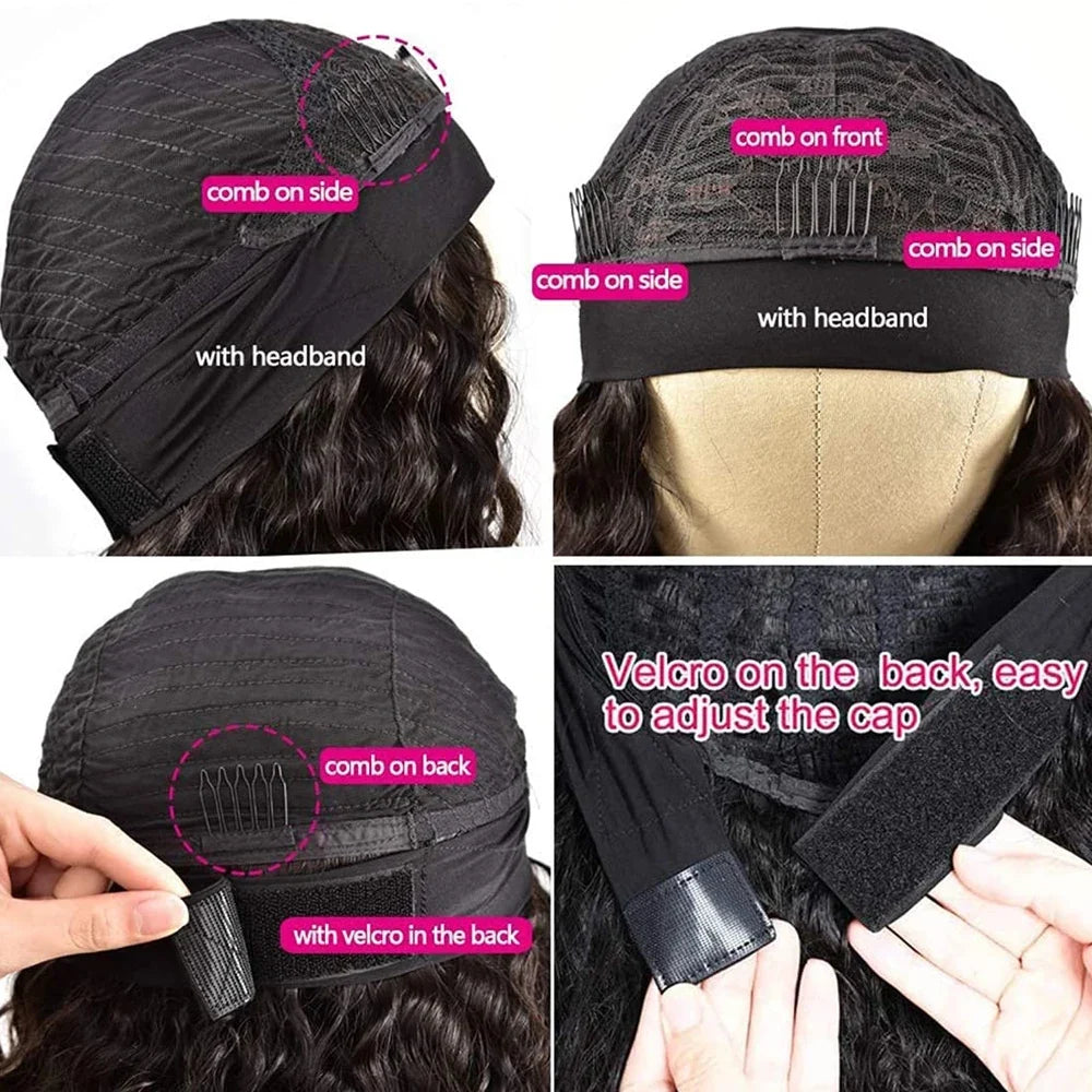 Glueless Deep Wave Headband Wig Human Hair Natural Black Curly Headband Wigs for Black Women 180% Density Brazilian Virgin Hair