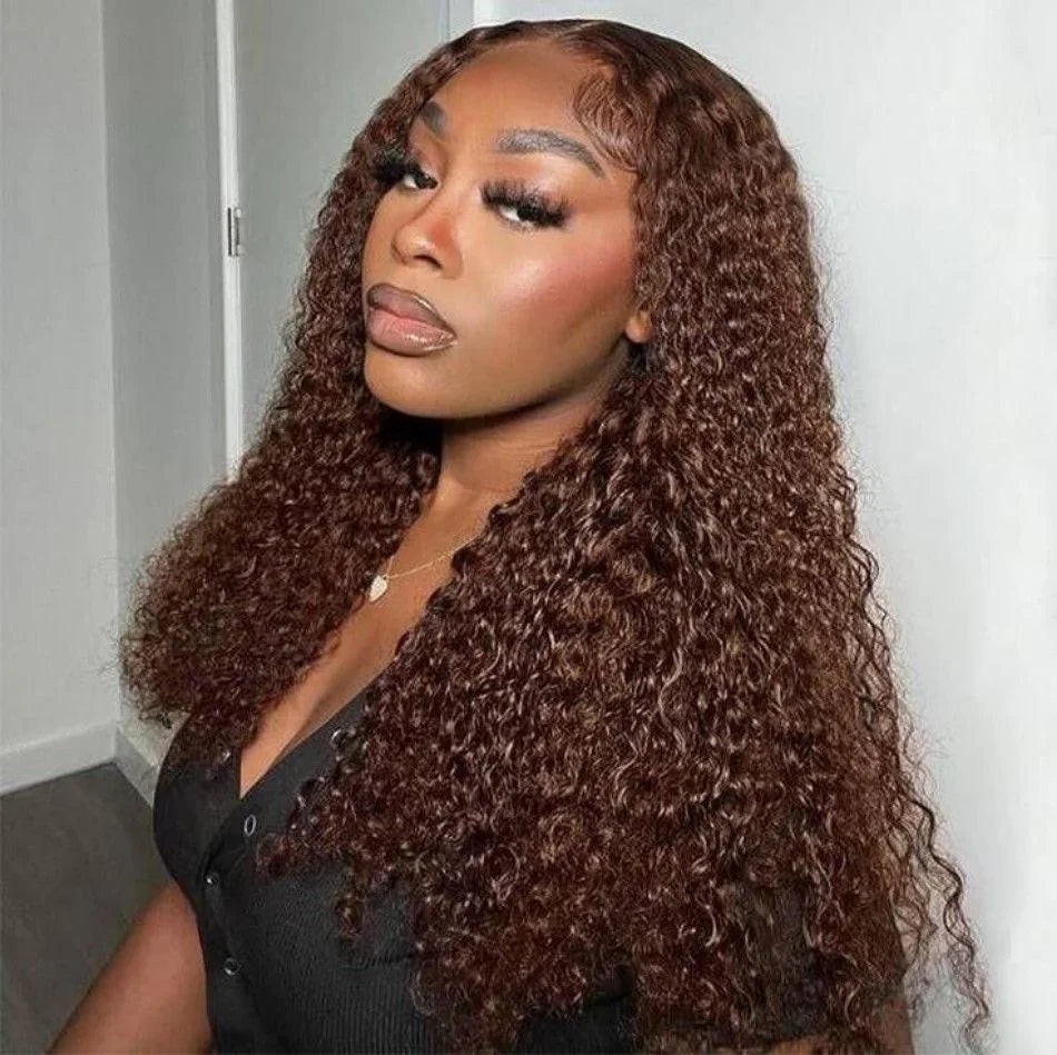 13x4 Chocolate Brown Water Curly Lace Front Wig #4 Colored Human Hair Wigs Pre Plucked Deep Wave 13x6 HD Lace Frontal Wigs 200%