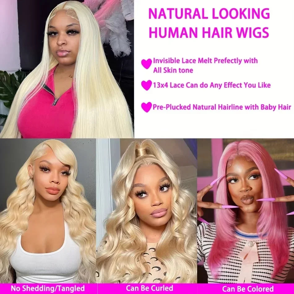13x6 Hd Lace Frontal Wigs 613 Blonde Straight 100% Human Hair Wig 30 32 Inch Brazilian 200 Density Human Hair Colored Lace Front Pre Plucked Wig