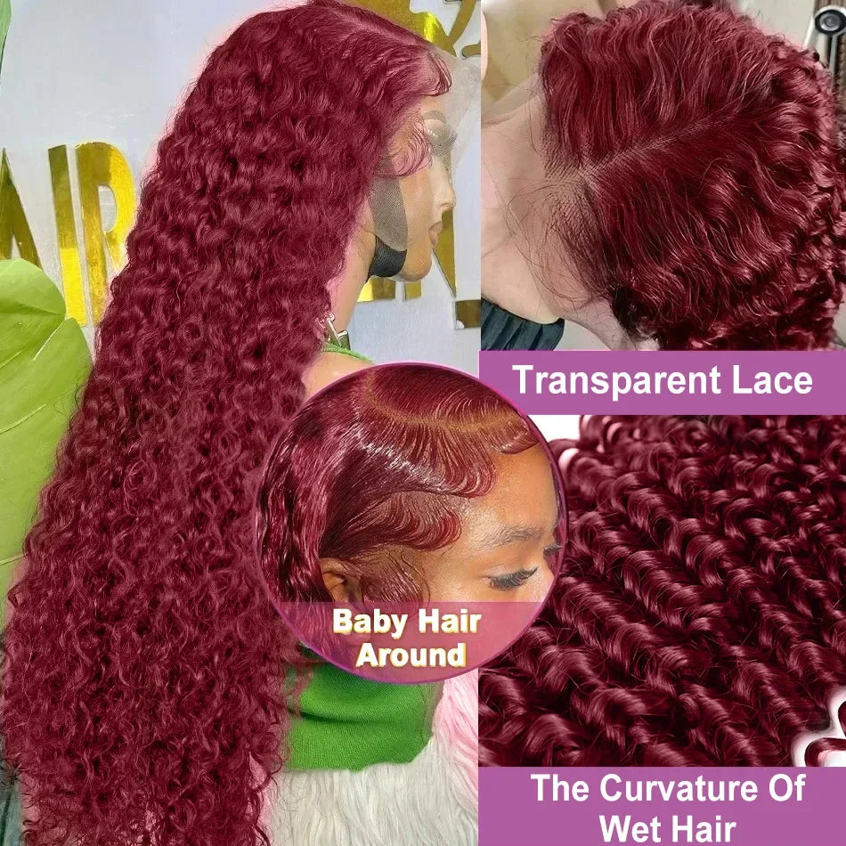 Links 40 Inch 99J Burgundy Deep Wave 13x6 HD Lace Front Wig 250% Red Colored Curly 13x4 Lace Frontal Human Hair Wigs For Women