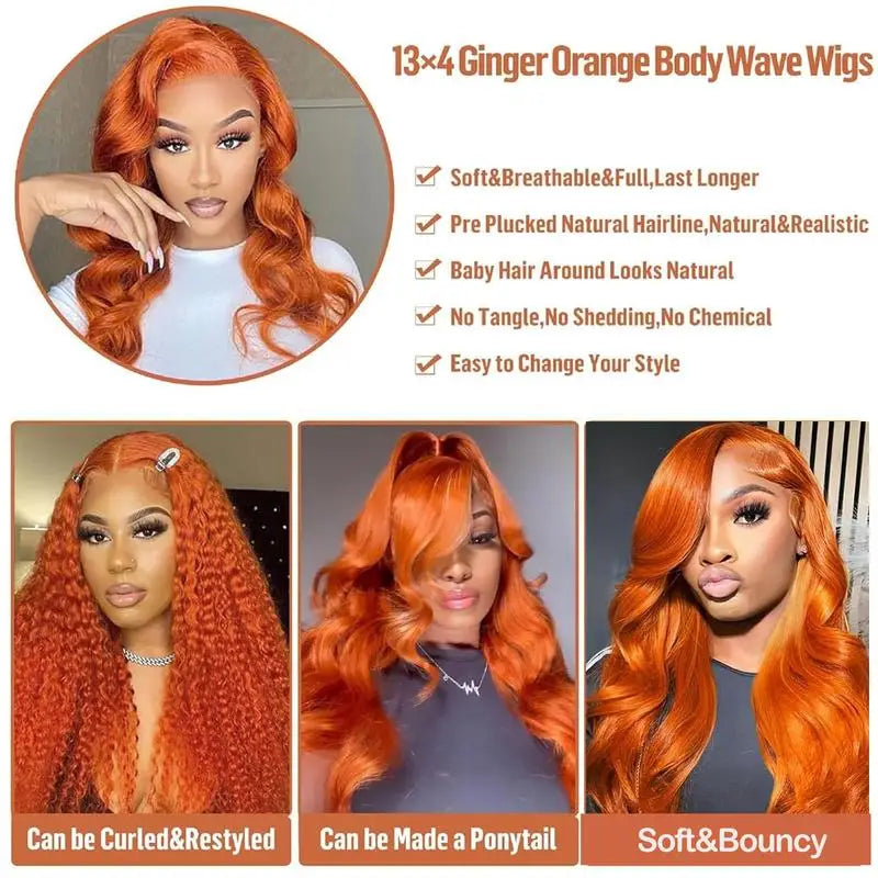 Ginger Human Hair Wigs Body Wave Frontal Wig 13X6 Human Hair 30 Inch Colored Lace Front Wig Brazilian Hair 250 Density For Women
