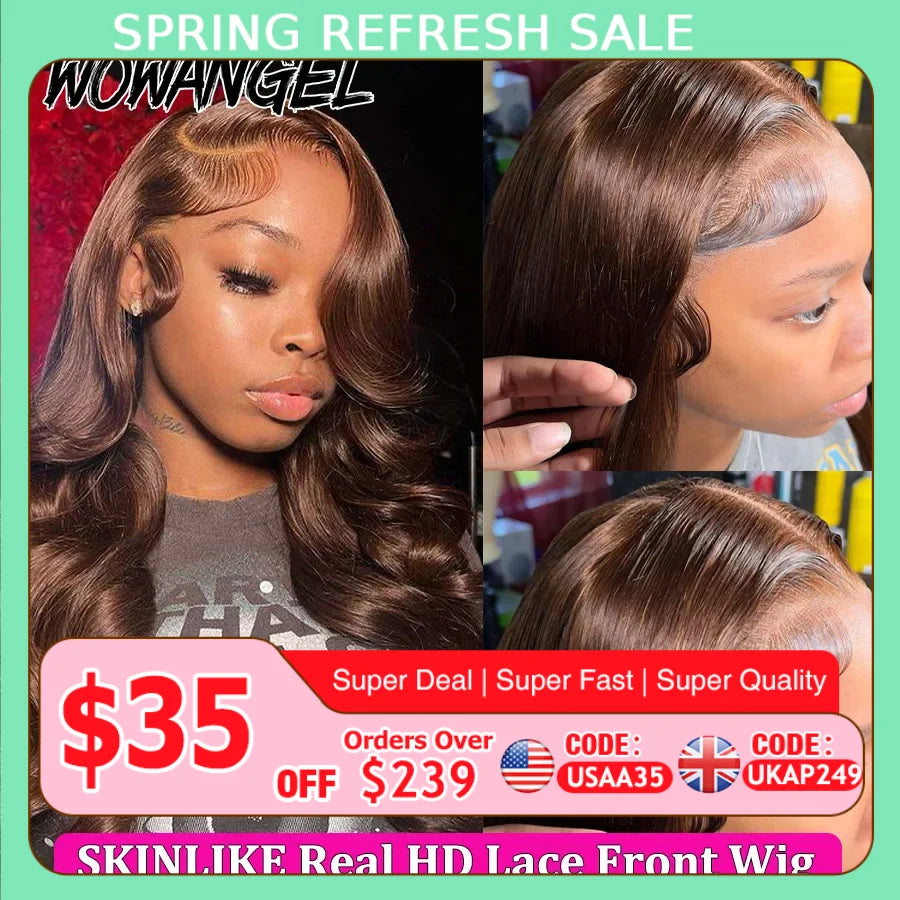 Wow Angel Chocolate Brown Wigs 13x6 HD Lace Front Wigs Melt Skins Body Wave Human Hair Wigs Glueless HD Lace Wigs For Woman