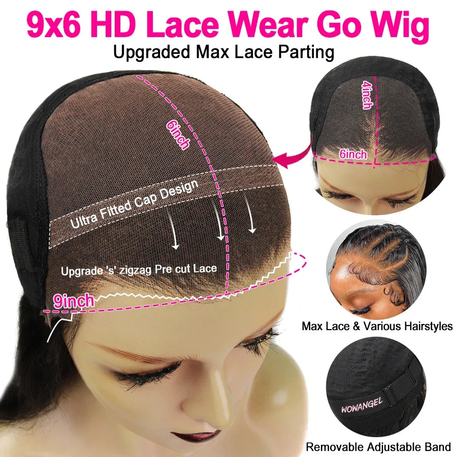 WowAngel 34inches Pre Cut 9x6 HD Lace Closure Wigs Wear To Go Glueless 250% Body Wave Human Hair Wigs Pre Plucked Brazilian Hair