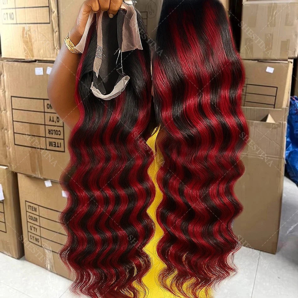 1B/99j Burgundy Highlight Lace Front Wig 30 Inch 5x5 Glueless Body Wave Wear And Go Wigs Brazilain Red Colored Human Hair Wigs