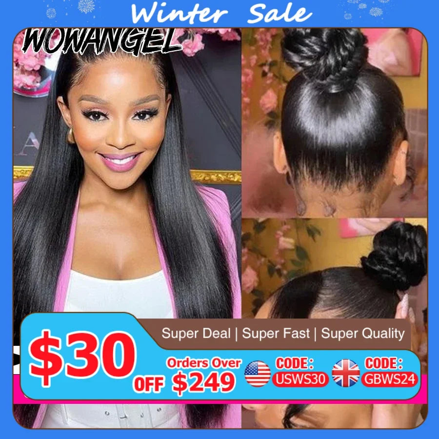 WowAngel 28in 360 HD Lace Front Wigs Straight Full Lace Human Hair Wigs Skins Melted Natural Scalp Remy Brazilian Hair For Women