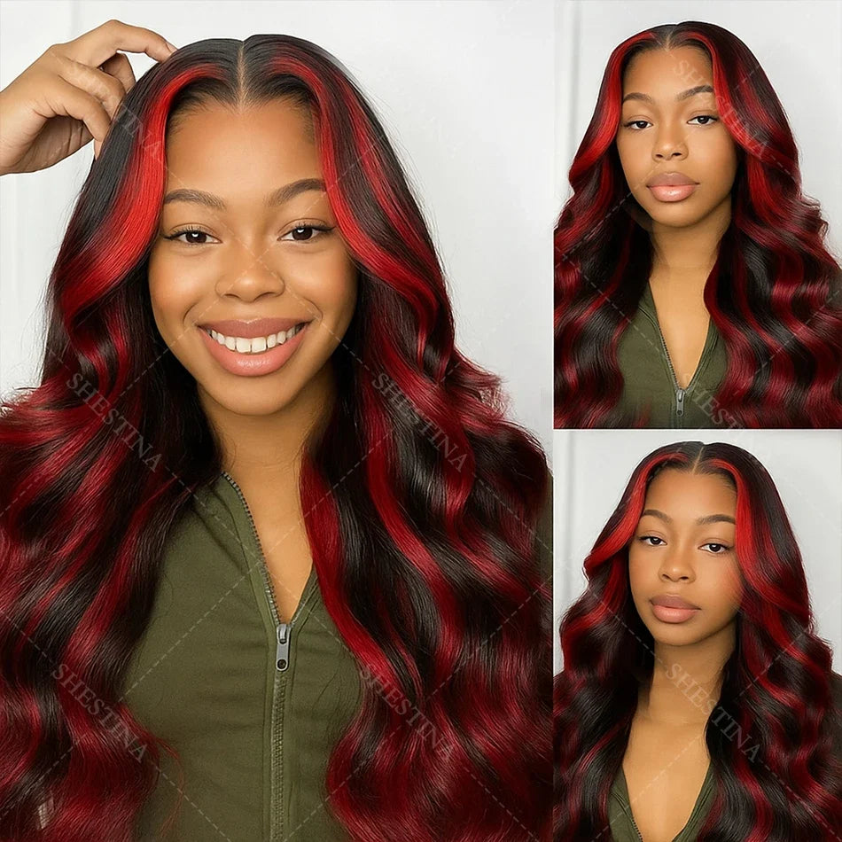 1B/99j Burgundy Highlight Lace Front Wig 30 Inch 5x5 Glueless Body Wave Wear And Go Wigs Brazilain Red Colored Human Hair Wigs