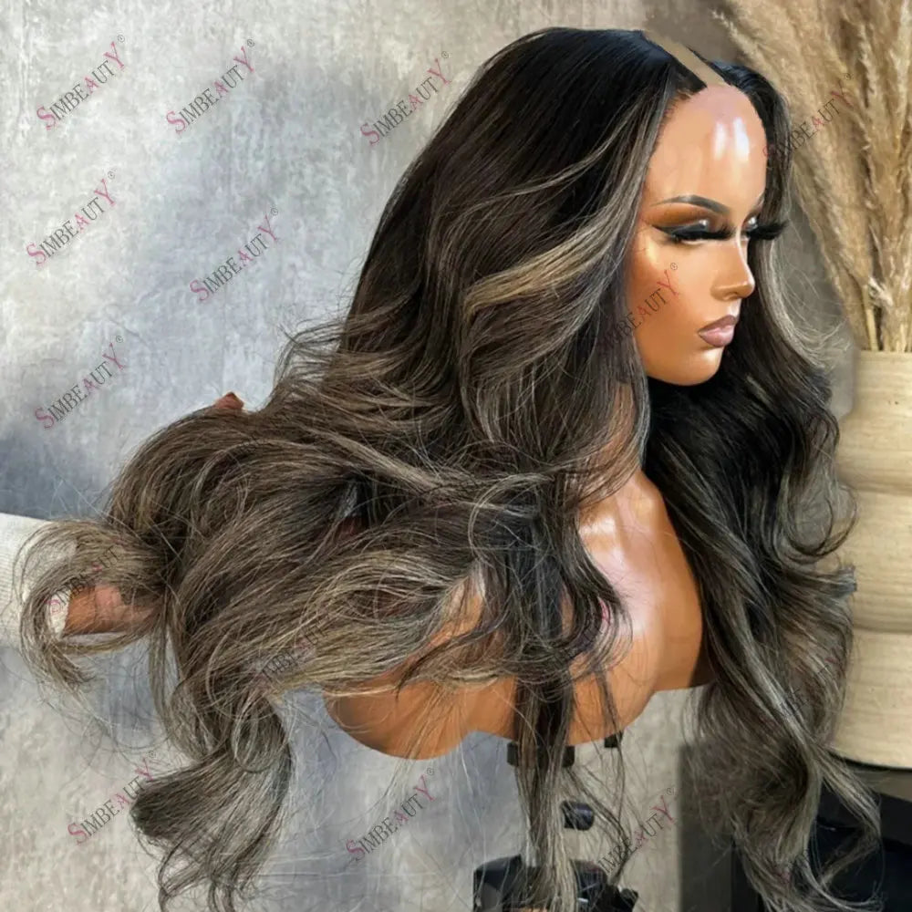 180Density Long Wavy U Part Wig Human Hair Glueless Brown Highlight Ash Blonde 2x4 Size V Part WIg 100%Remy Human Hair for Women