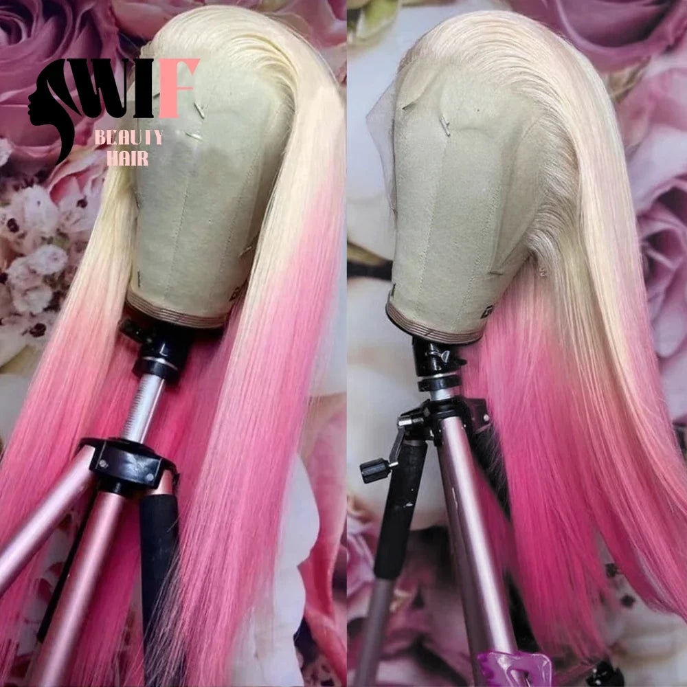 WIF Platinum Pink Ombre Hair Synthetic Wig Long Straight Heat Fiber Two Tones Colorful Lace Front Wigs Women Cosplay Party Use