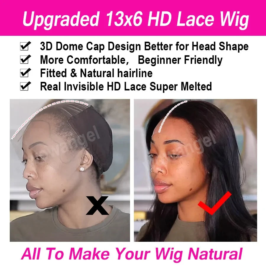 Wow Angel 13x6 HD Lace Frontal Wig Brazilian Straight Lace Front Human Hair Wig Deep Part Pre plucked Fitted Hairline Melt Skins