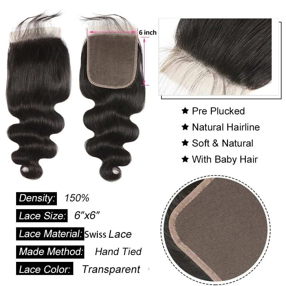AliPearl Human Hair Bundles With Transparent Lace 6x6 Closure Brazilian Body Wave Bundle With Closure Human Hair Weave Extension