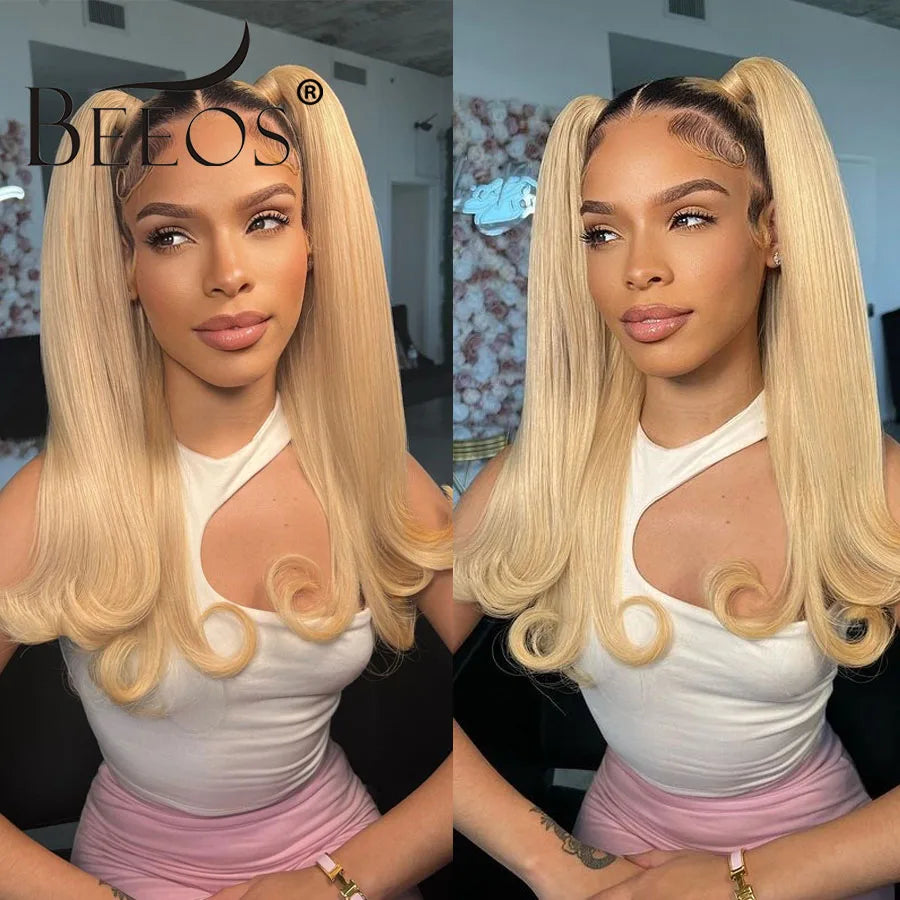 BEEOS Skinlike 13X6 HD Lace Frontal Wig Ombre Blonde Straight 13x4 HD Lace Full Front Human Hair Wigs For Women Pre plucked Hair