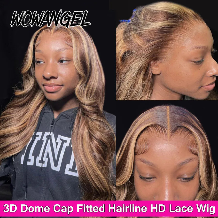 Wow Angel 13X6 HD Lace Frontal Human Hair Wigs 250% Highlight Body Wave Wigs Full Lace Wigs Melt Skins Ombre Colored Wigs