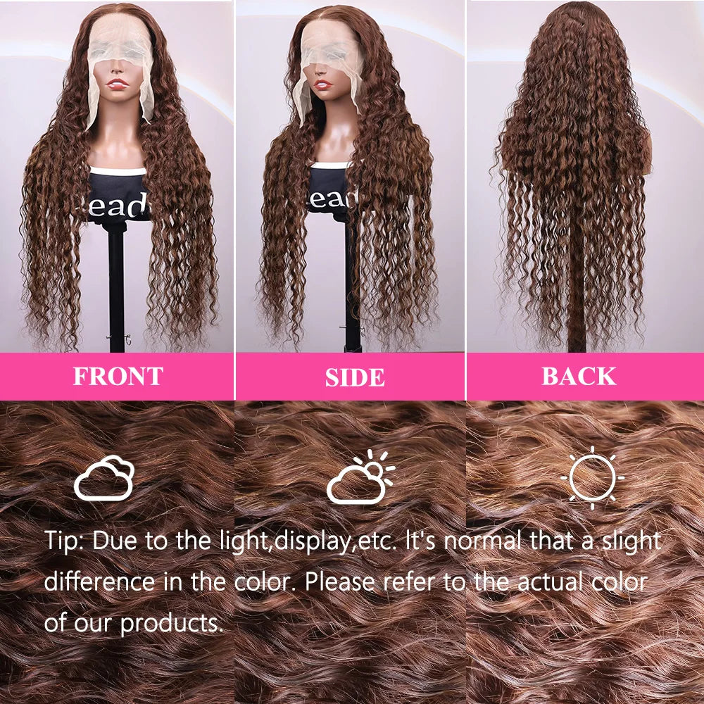 13x4 Chocolate Brown Water Curly Lace Front Wig #4 Colored Human Hair Wigs Pre Plucked Deep Wave 13x6 HD Lace Frontal Wigs 200%