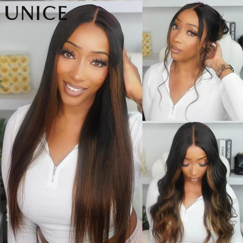UNice 7x5 Bye Bye Slip Black to Chestnut Brown Ombre Yaki Straight Human Hair Wigs With Invisi Drawstring