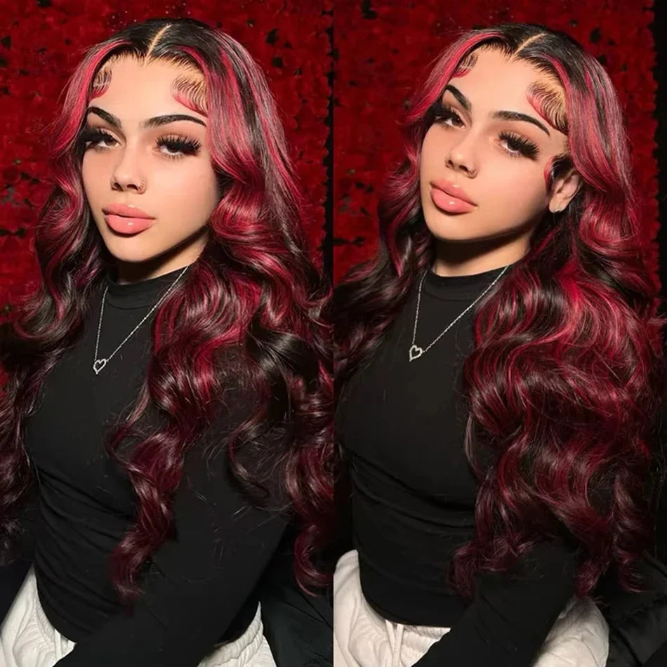 1B/99j Burgundy Highlight Lace Front Wig 30 Inch 5x5 Glueless Body Wave Wear And Go Wigs Brazilain Red Colored Human Hair Wigs