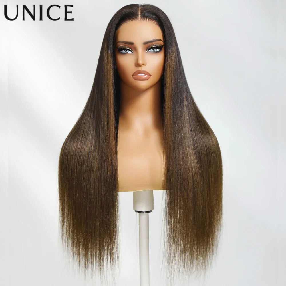 UNice 7x5 Bye Bye Slip Black to Chestnut Brown Ombre Yaki Straight Human Hair Wigs With Invisi Drawstring