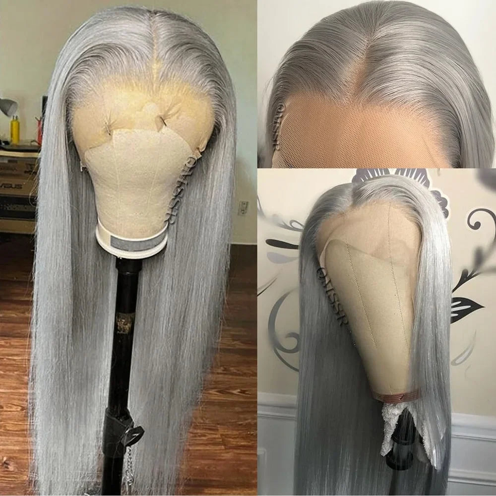 Silver Grey Straight Wigs Human Hair Vietnamese 220% Density 13x6 HD Lace Frontal Colored Wig 38 Pre Plucked With Baby Hairline