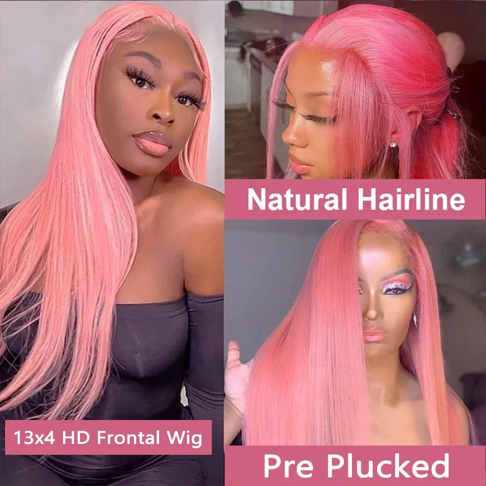 Pink Straight Lace Front Wig Human Hair 13x4 HD Lace Frontal Human Hair Wig Glueless Transparent Brazilian Pink Hair Colored Wig