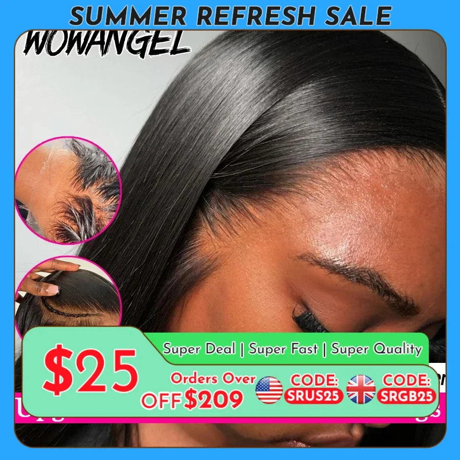 WowAngel 250% Upgraded 13x6 HD Lace Full Frontal Wigs Glueless Straight Human Hair Wigs Pre Plucked Natural Scalp Brazilian Hair